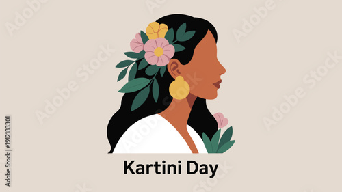 Vector, illustration, beautiful, Indonesian, woman, profile, flowers, in, hair, Kartini, Day, celebration, greeting, card, female, empowerment, traditional, culture, elegant, design