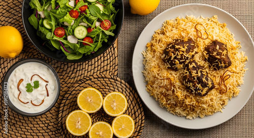 Middle eastern cuisine biryani salad yogurt and citrus fruit arrangement