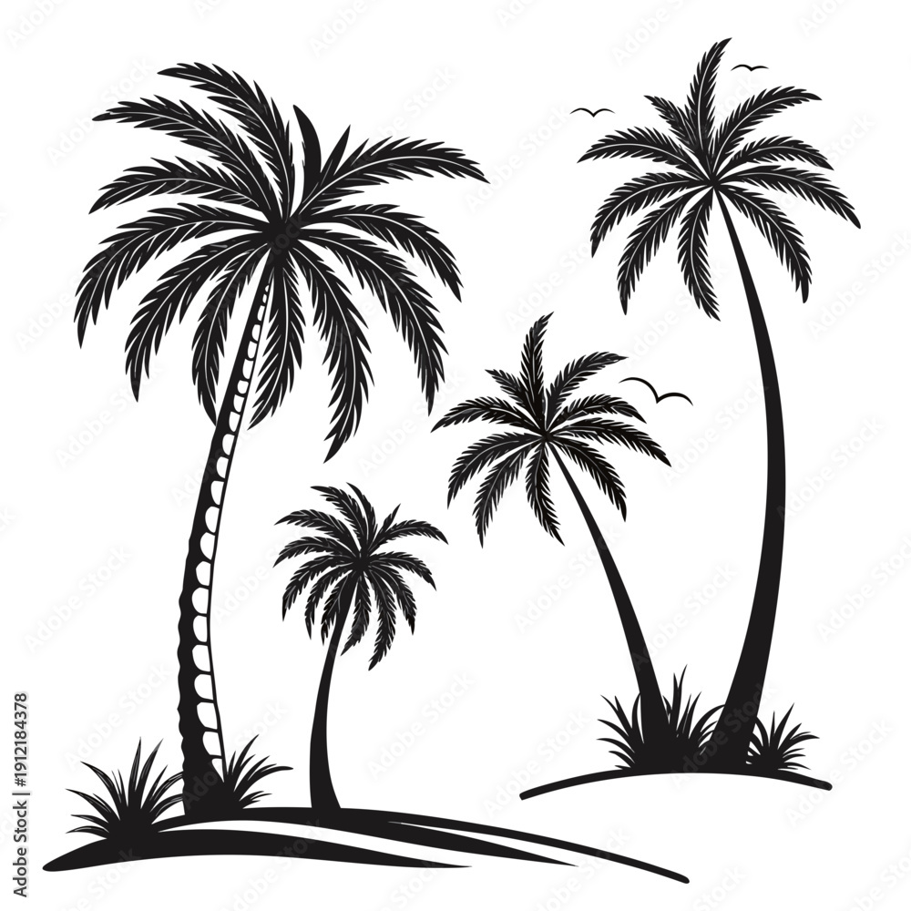 Fototapeta premium A black and white image of palm trees on a small island Vector