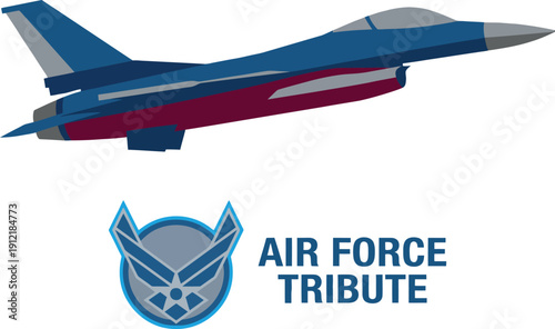 Blue and red military fighter jet flying with air force tribute text and emblem for armed forces day celebration and patriotic national military aviation events.