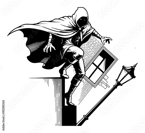Mysterious hooded assassin character jumping over Victorian style rooftops and street lamp in black and white hand drawn style