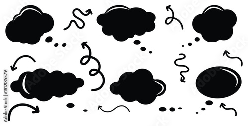 Collection of hand drawn black thought and speech bubbles icons with various whimsical connecting arrows perfect for comic book design elements