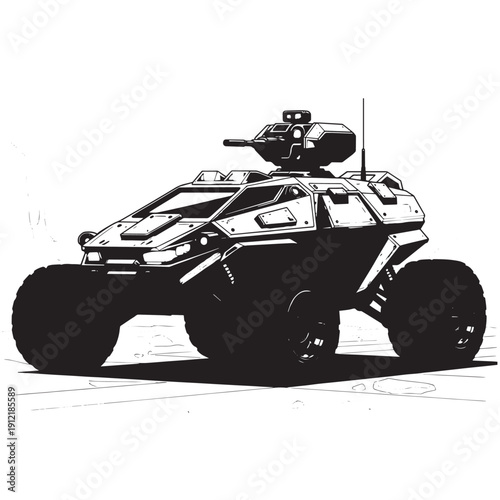 Armored off-road vehicle with mounted camera drone silhouette in action.
