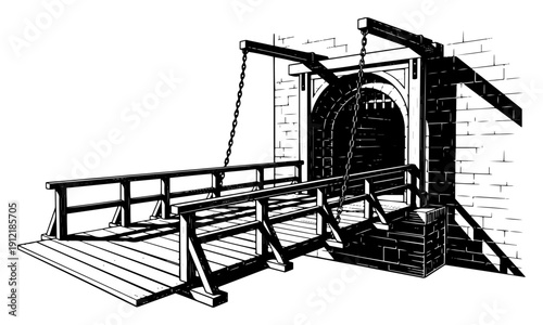 Vintage illustration of a medieval drawbridge leading to a stone castle gateway