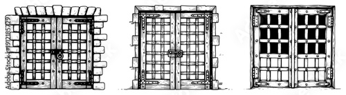 Collection of medieval castle gates and dungeon doors in engraving style
