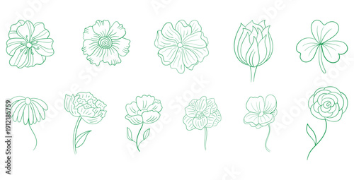 Collection of delicate green outline botanical floral elements featuring various stylized flower heads and a single shamrock perfect for spring design