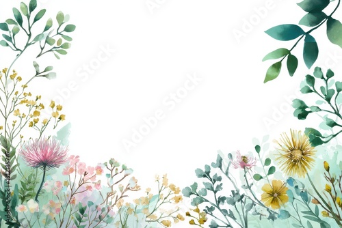 Watercolor wildflower border frame with green leaves on white background