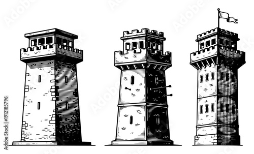 Medieval watchtowers and castle keep towers in vintage woodcut style