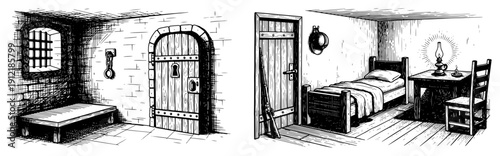 Black and white woodcut illustration of a prison cell interior and a simple rustic bedroom with a wooden bed