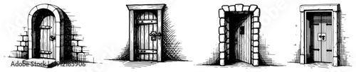 Collection of vintage woodcut style illustrations showing different medieval stone doorways and wooden doors