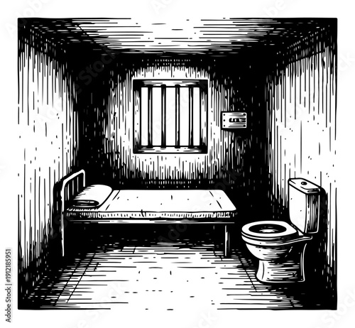 Interior of a small prison cell with a toilet and cot in detailed black and white hatching style