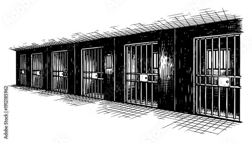 Perspective view of a dark prison corridor with multiple barred cell doors in woodcut style