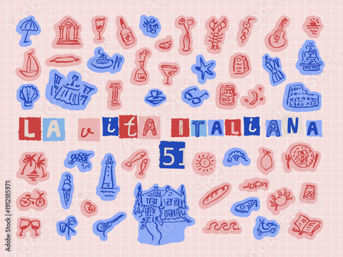 Italian lifestyle icons and landmarks set for travel tourism marketing and mediterranean culinary projects