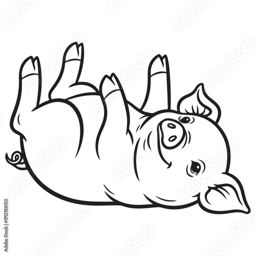 Cute Playful Pig Lying on Back Line Art Illustration
