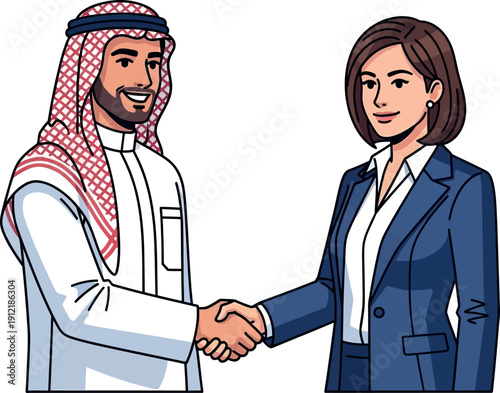 Illustration of an Arab businessman in traditional dress shakes hands with a Western businesswoman, isolated on white background