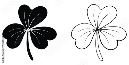 Black and white illustrations of a three leaf clover providing versatile design elements for st patrick day graphics and nature themed projects