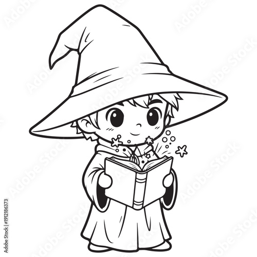 Cute Cartoon Wizard Child Reading Magic Spellbook with Stars and Bubbles