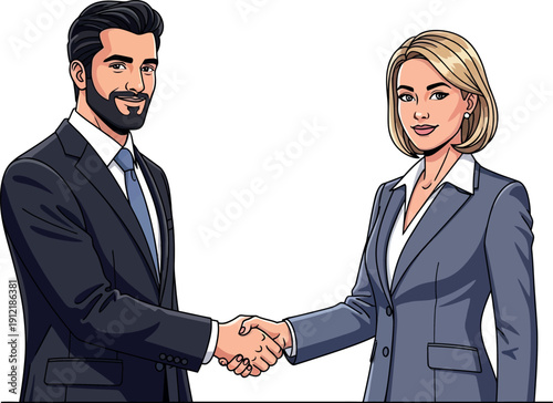 Illustration of a modern Arab businessman in a suit is shaking hands with a young blonde businesswoman, isolated on a white background.