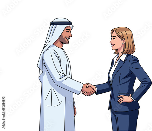 Illustration of an Arab businessman in traditional dress shakes hands with a Western businesswoman, isolated on white background