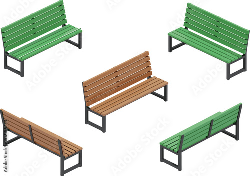 Set of modern wooden park benches in green and brown colors isolated on light background urban outdoor seating vector