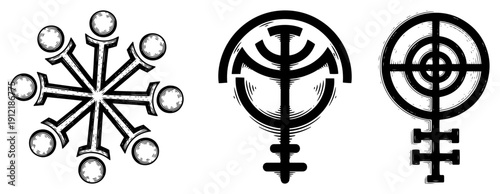 Set of three mysterious occult or alchemical symbols in black and white woodcut style