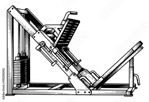 Detailed leg press gym equipment for strength training in vintage hatching style