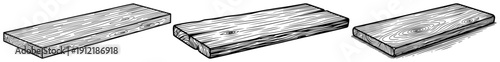 Isometric wooden planks with textured grain in detailed black and white engraving style