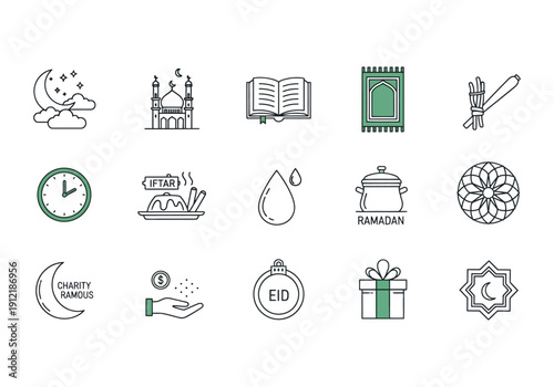 Collection of delicate outline icons representing various significant elements traditions and symbols associated with the holy month of Ramadan and Eid celebrations