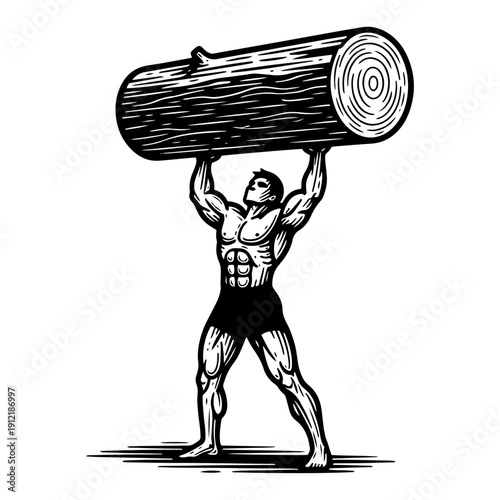 Muscular strongman lifting a heavy wooden log in classic woodcut engraving style