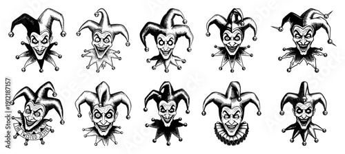 Large set of ten creepy joker and jester head icons in classic woodcut engraving style