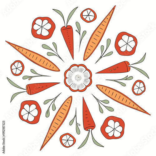 Symmetrical pattern of carrot and pepper slices vegetable