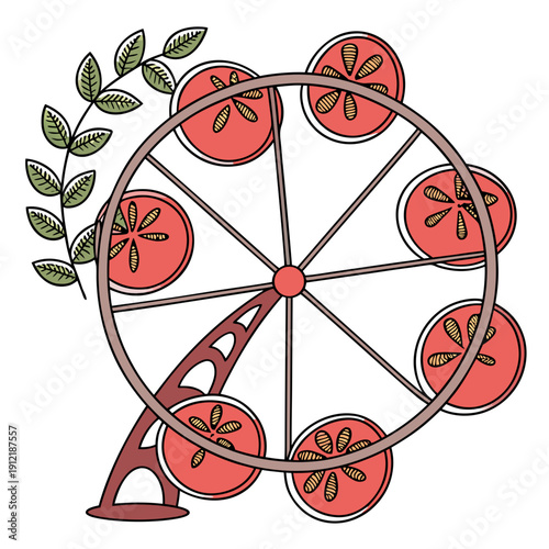 Tomato Ferris wheel with green leaves cartoon red tomatoes