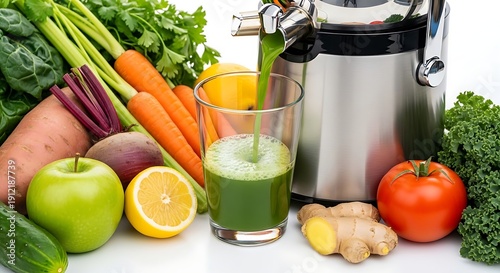Fresh green juice being extracted from vegetables and fruits by a modern juicer