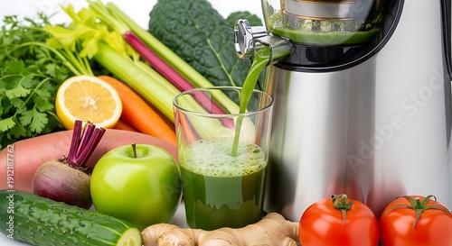 Fresh green juice being extracted from vegetables and fruits by a modern juicer