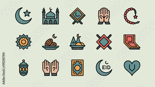 Collection of stylized icons representing key elements associated with Islamic culture and the celebration of Eid al Fitr or Ramadan festivities