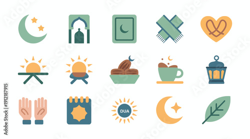 Collection of flat design icons representing essential elements and traditions associated with the holy month of Ramadan and Islamic culture