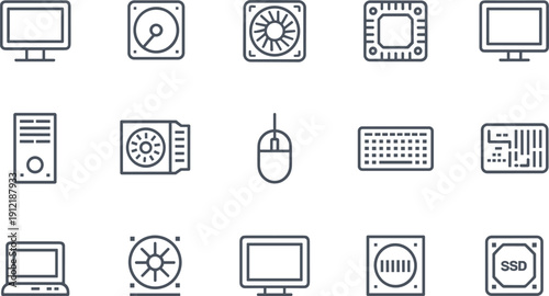 Vector linear icon set of computer hardware featuring monitor processor cooling fan keyboard mouse laptop ssd and motherboard symbols for technology and gaming branding