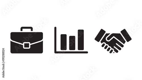 Vector Illustration Of Business Icons Including Briefcase, Bar Chart, And Handshake For Corporate And Finance Concepts
