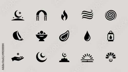 Collection of stylized black vector icons representing spiritual elements celestial themes religious symbols and natural forces for graphic design projects