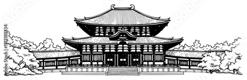 Traditional Japanese Buddhist temple architecture hand drawn in monochrome line art style