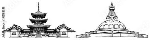 Collection of Asian religious monuments featuring a Japanese pagoda and a Buddhist stupa in line art