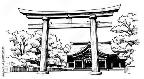 Large Japanese torii gate with traditional Shinto shrine and forest trees in hand drawn style
