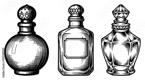 Set of vintage perfume bottles and glass decanters in elegant hand drawn engraving style