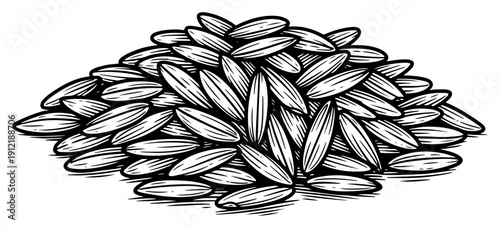 Artistic woodcut illustration of a heap of organic cereal grains or rice seeds