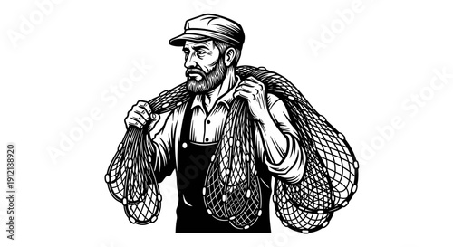 Vintage Fisherman Carrying Nets on Shoulders.