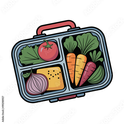 Colorful lunchbox filled with fresh vegetables and cheese  isolated