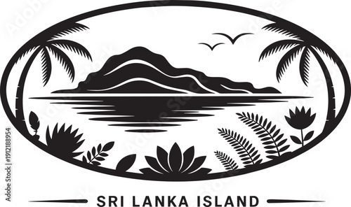 Sri lanka island vector logo with palm trees, mountains, water, birds, and tropical plants