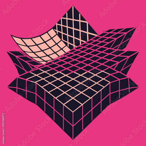 Distorted grid shapes isolated. Retrofuturistic warped mesh grid. Curved mesh abstract elements. Retro punk design element. Vector curve surface background.