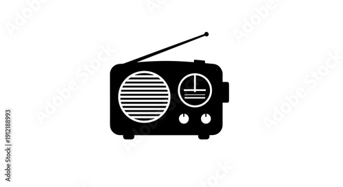 Vintage Radio Icon Black Silhouette Isolated White Background.