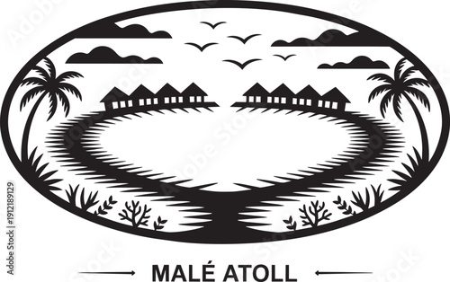 Male atoll maldives vacation badge featuring overwater bungalows tropical palms and sea corals